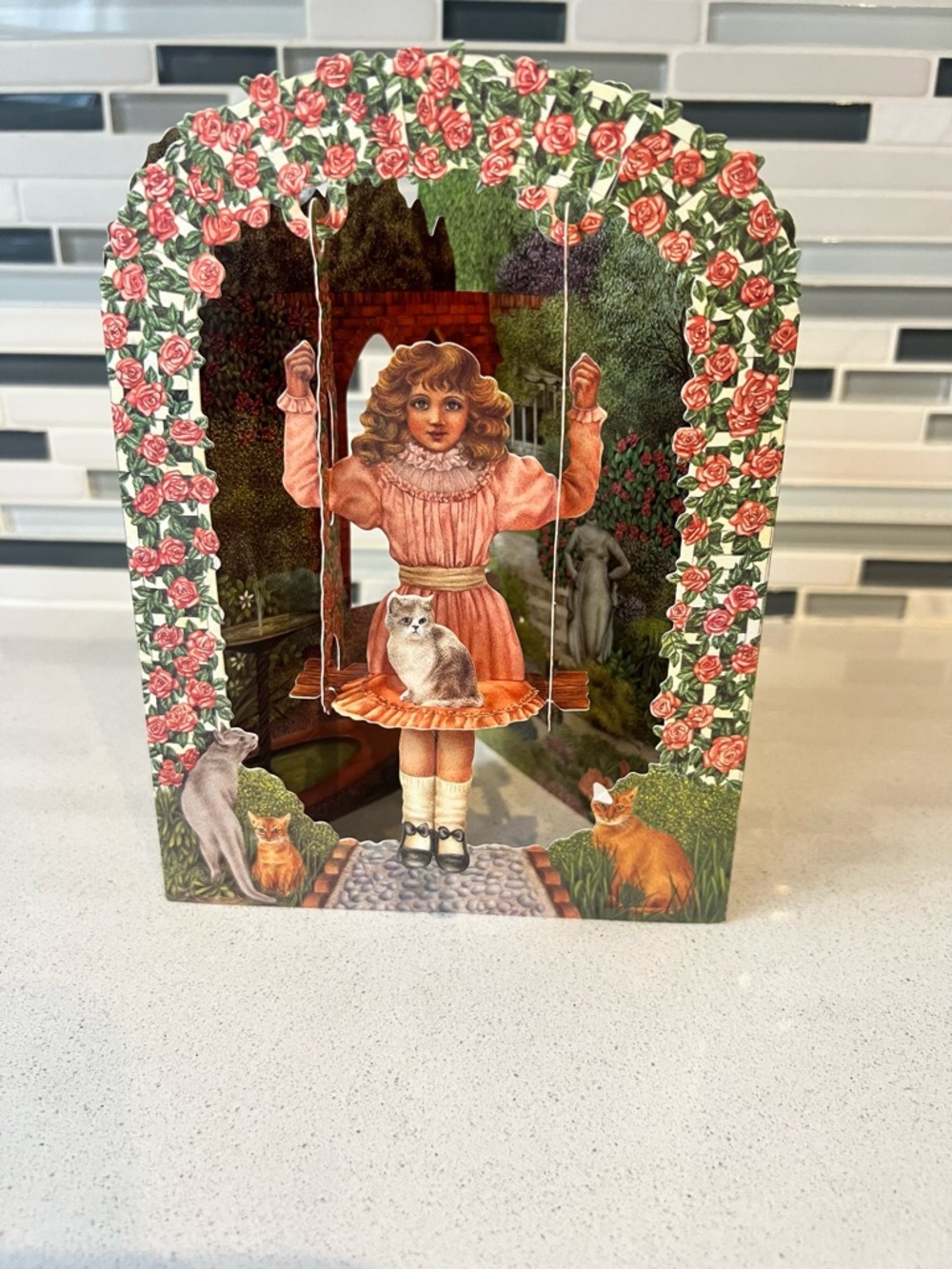 Vintage Swing Card Victorian Girl With Cat On Garden Swing, Pop Up